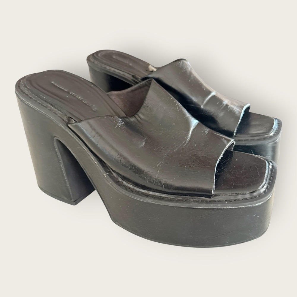 Pull&Bear Black Faux Leather Chunky Platform Mules Grunge WhimsiGoth Cyber 9.5
